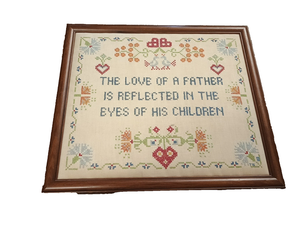 Vtg Frame Counted Cross Stitch A Fathers Love is reflected in Childrens eyes art